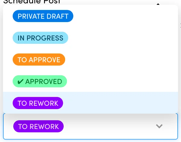 Statuses dropdown in the post detail set to To Rework