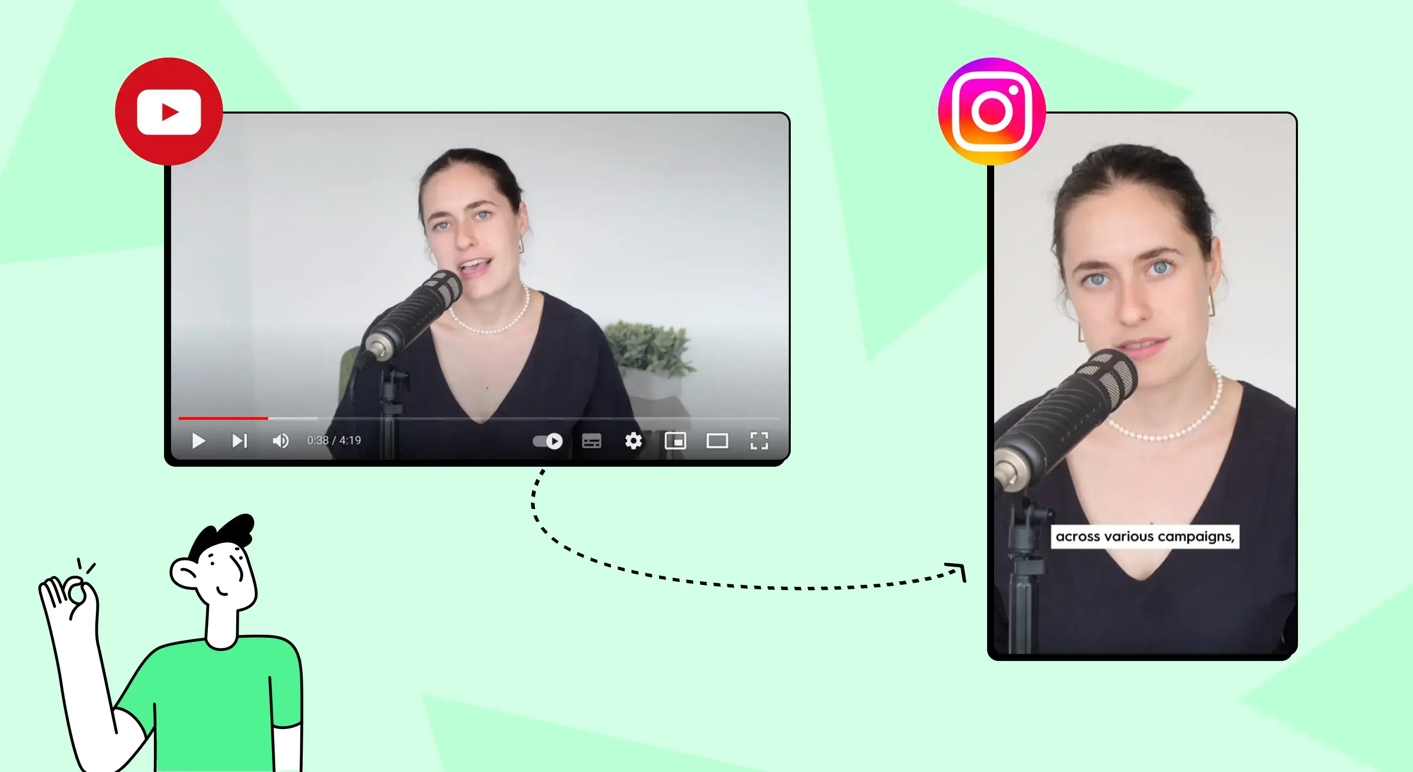 Video repurposing from YouTube to Instagram, showing a person speaking into a microphone with content adapted for both platforms.