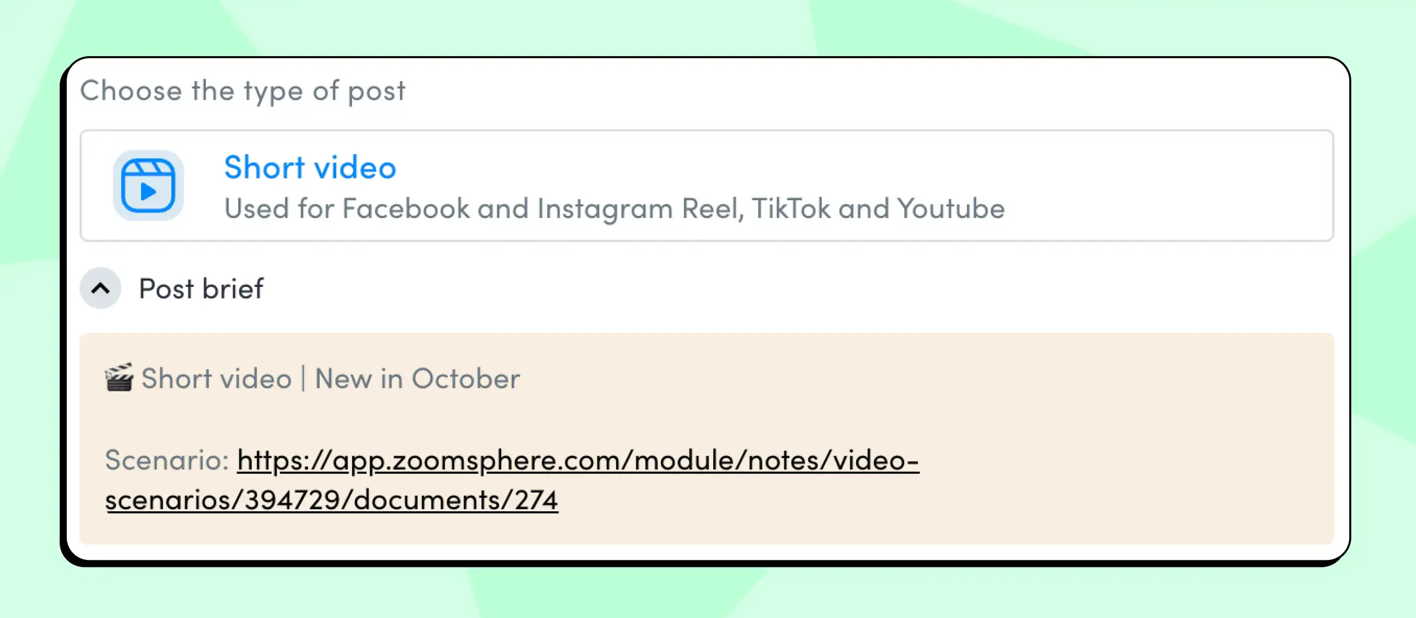 ZoomSphere interface displaying the post type selection for a short video, used for Facebook, Instagram Reels, TikTok, and YouTube, along with a link to the video scenario.