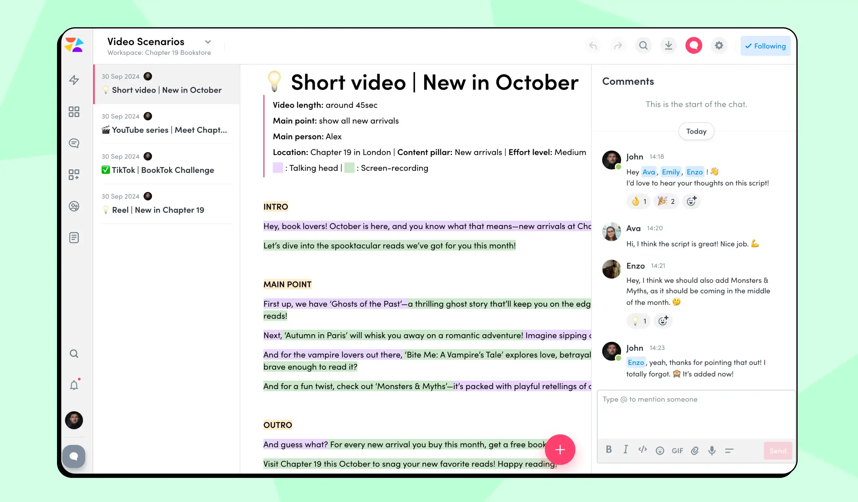 ZoomSphere interface showing a video script with an outline of the intro, main points, and outro. A chat section on the right displays team members discussing the script and providing feedback.