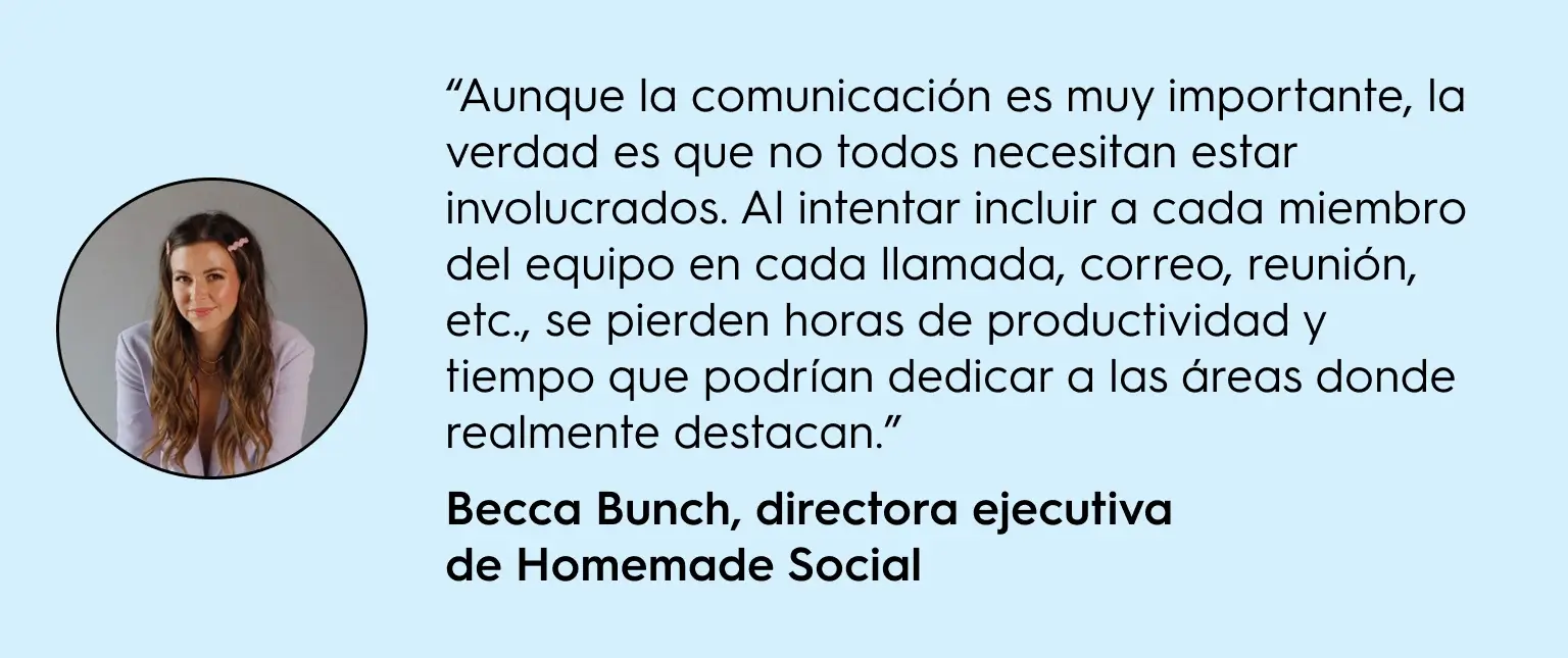 Cita de Becca Bunch, directora ejecutiva de Homemade Social, sobre la comunicación efectiva en equipo y la productividad, mostrada sobre un fondo azul claro con un retrato de Becca Bunch a la izquierda.