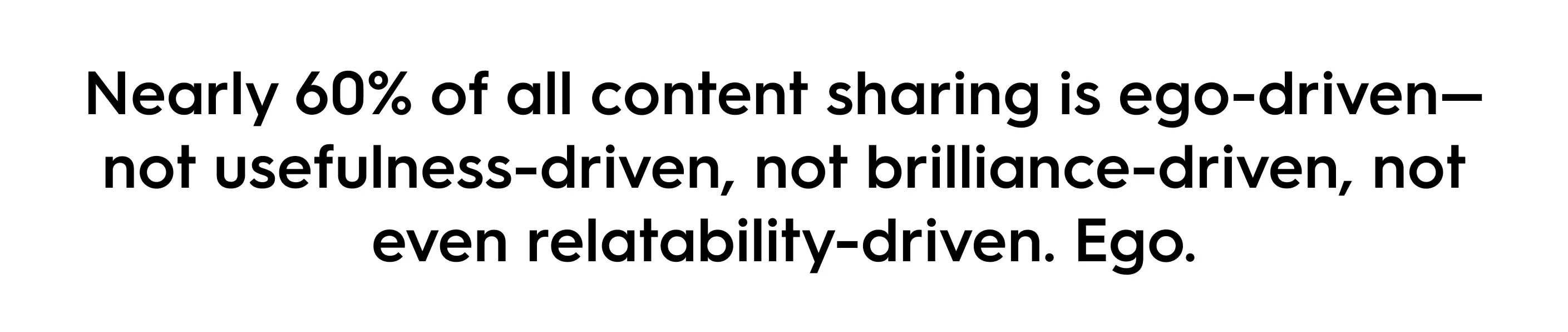 Quote image stating: 'Nearly 60% of all content sharing is ego-driven—not usefulness-driven, not brilliance-driven, not even relatability-driven. Ego.' Highlights the emotional motivations behind viral content sharing.