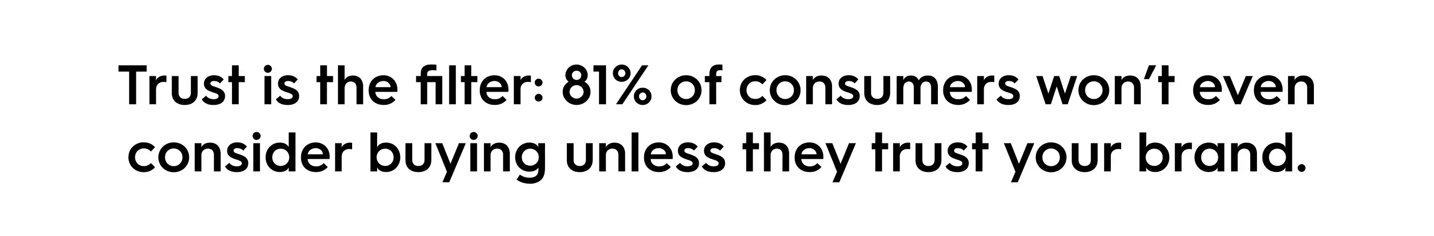 Bold black text on a white background reads: “Trust is the filter: 81% of consumers won’t even consider buying unless they trust your brand.” — emphasizing the importance of brand trust in consumer purchasing decisions.