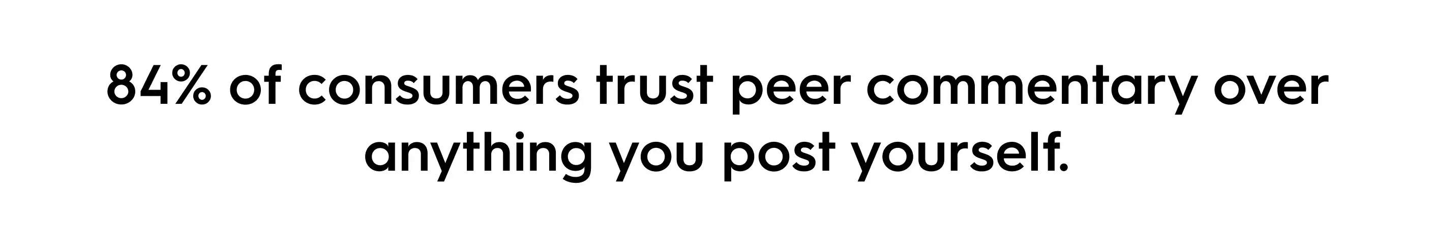 Bold text quote stating ‘84% of consumers trust peer commentary over anything you post yourself,’ emphasizing the power of customer conversations and social proof in marketing.