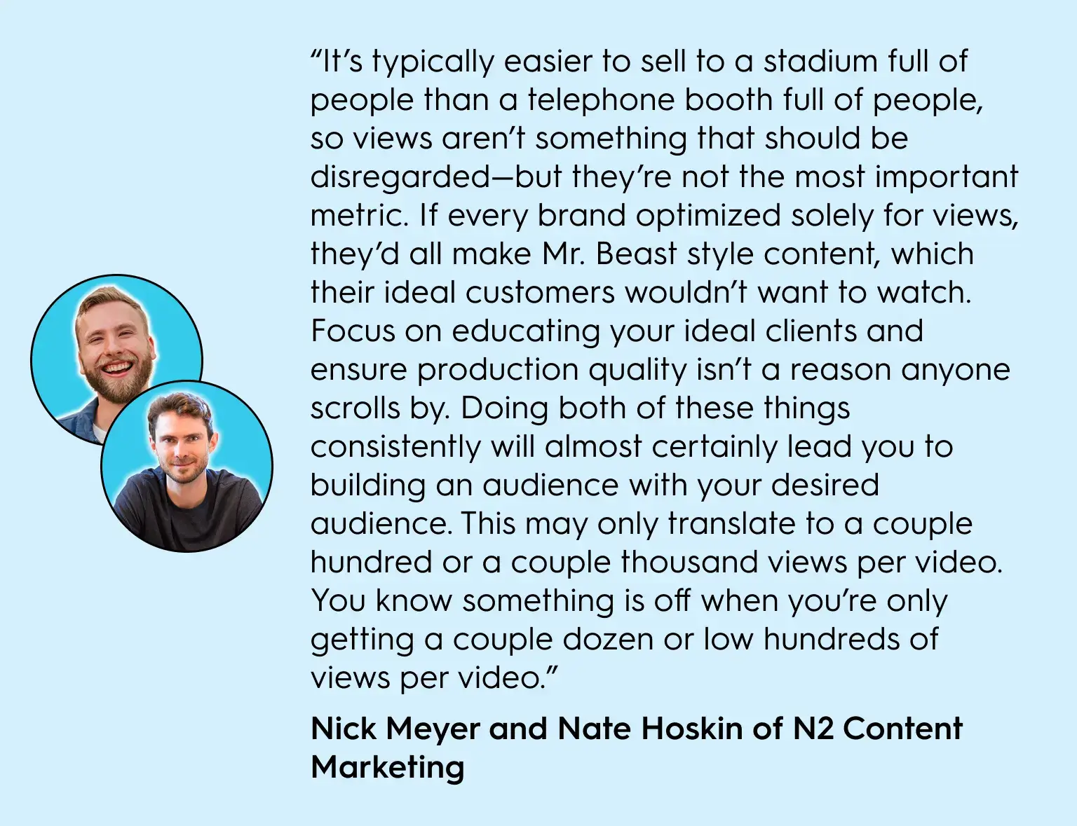 Quote graphic featuring Nick Meyer and Nate Hoskin of N2 Content Marketing. The quote emphasizes that views alone aren’t the most important metric in short-form video marketing. Instead, brands should focus on educating ideal clients and maintaining production quality. Consistent, high-quality content builds the right audience, even if videos only get a few hundred or a few thousand views.