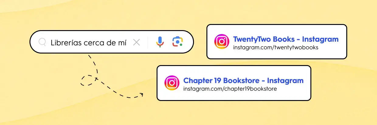 Google search for 'Librerías cerca de mí' showing Instagram results for TwentyTwo Books and Chapter 19 Bookstore with highlighted links.