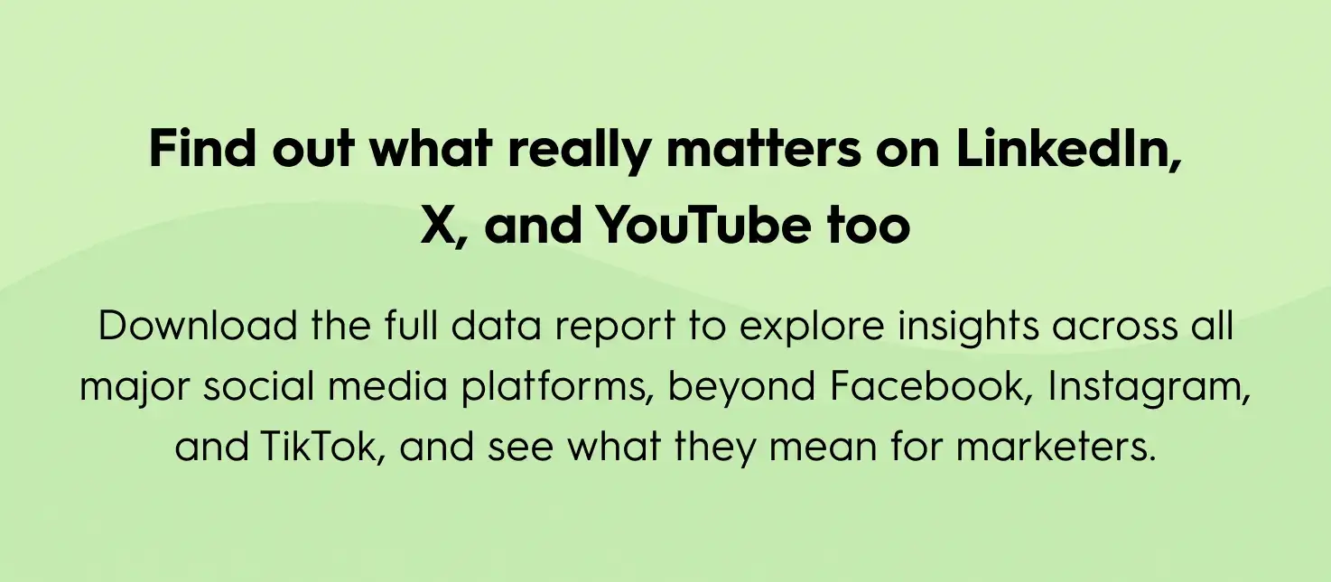 Marketing report banner with text: Find out what really matters on LinkedIn, X, and YouTube too. Download the full data report for insights across all major social media platforms, including Facebook, Instagram, and TikTok, and what they mean for marketers.