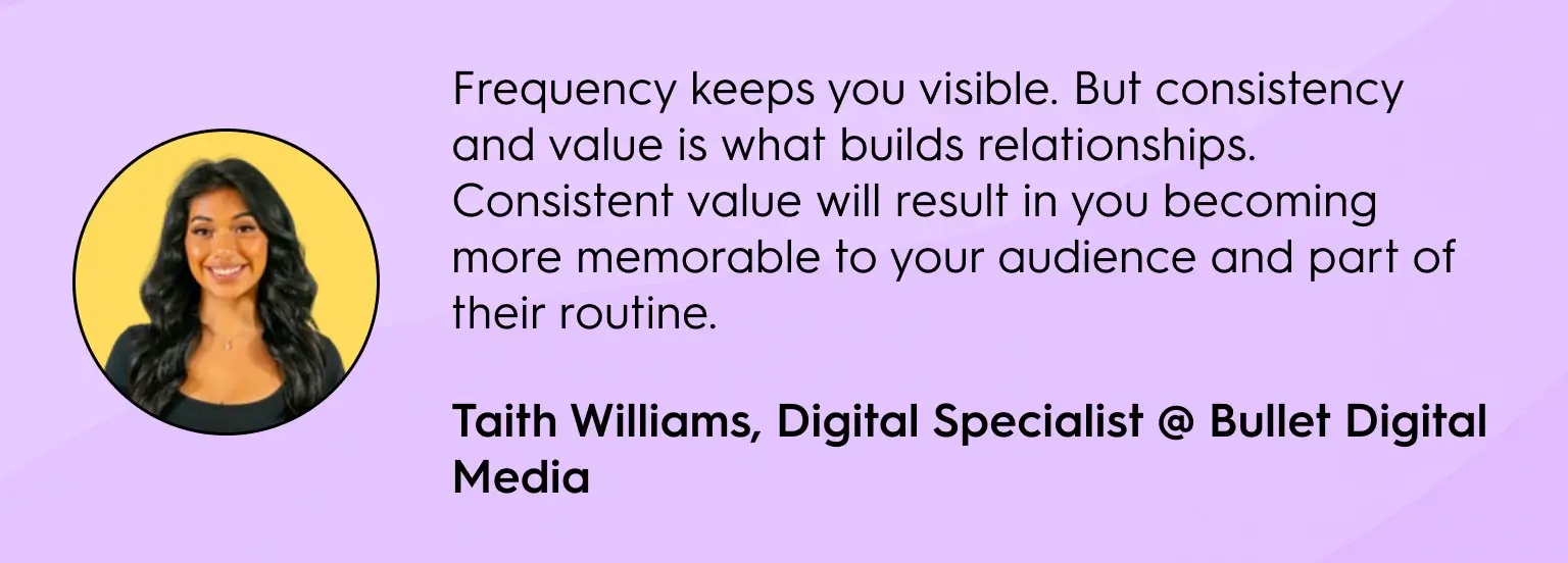 Quote graphic featuring Taith Williams, Digital Specialist at Bullet Digital Media. Her quote reads: ‘Frequency keeps you visible, but consistency and value build relationships. Consistent value makes your brand more memorable and part of your audience’s routine.’ The graphic includes her headshot on a yellow background with purple design accents.