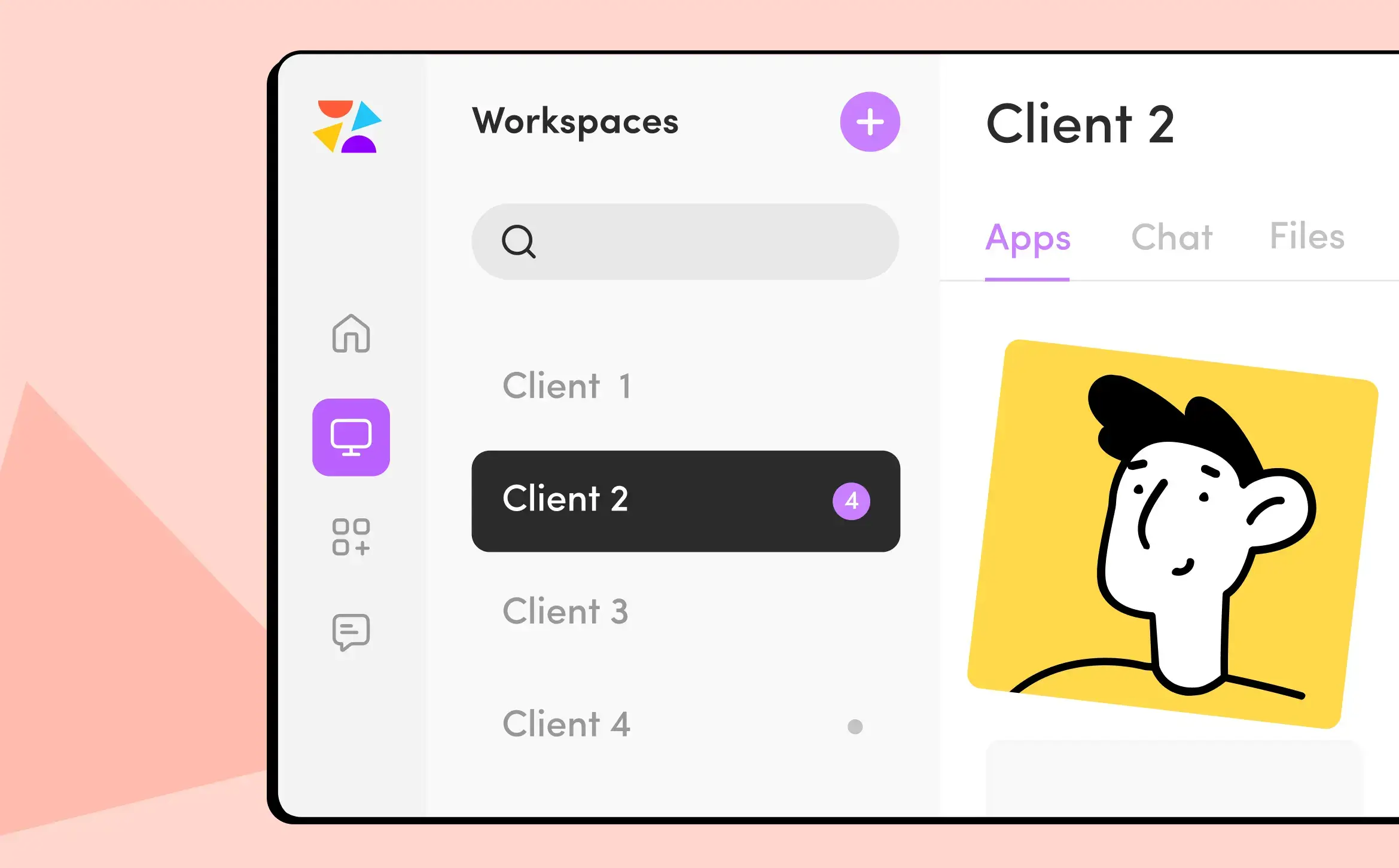 A single client workspace in ZoomSphere showing Scheduler, Chat, Files, and Workflow Manager apps.