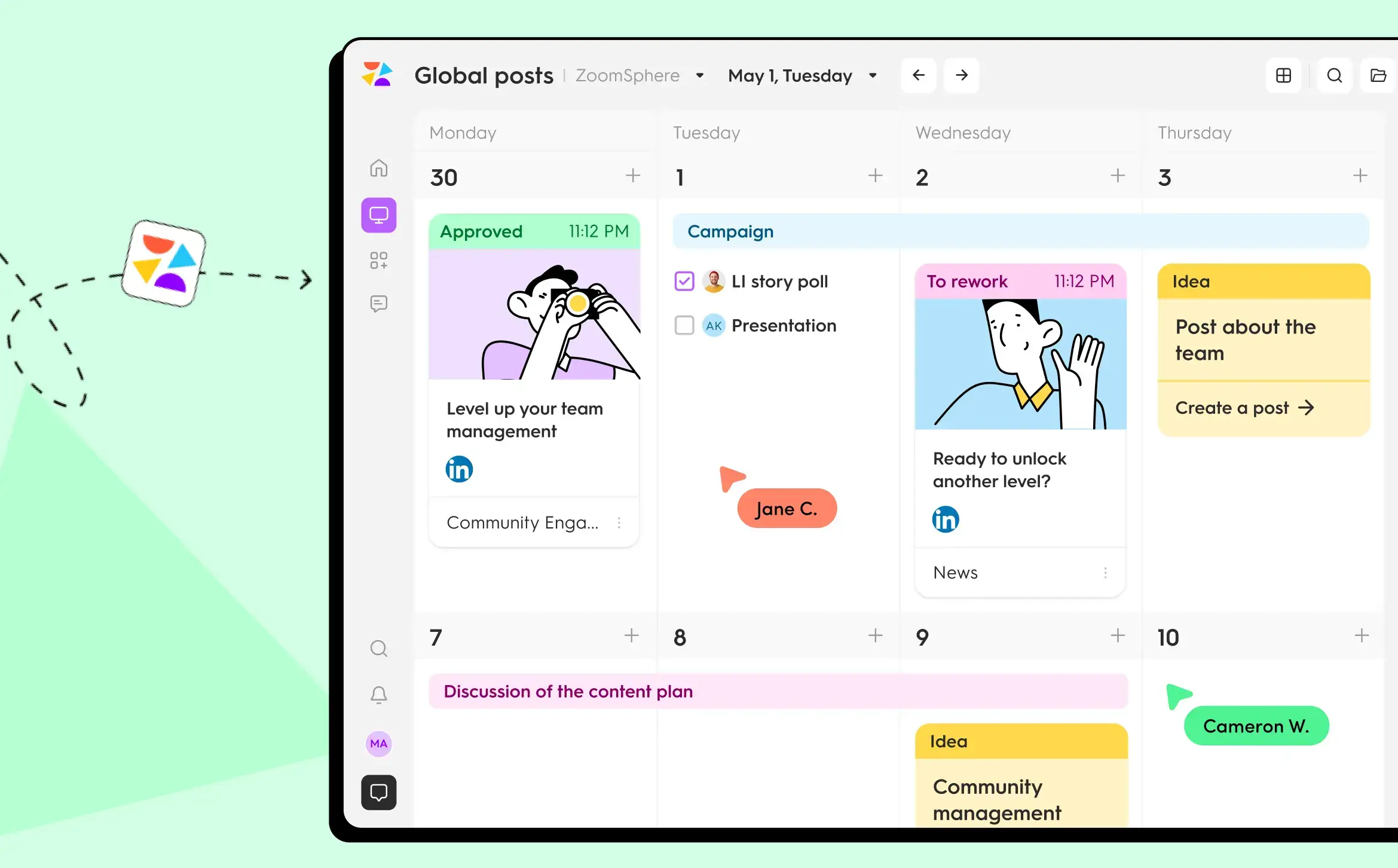 Planning and publishing LinkedIn content across multiple client accounts in ZoomSphere's Scheduler.