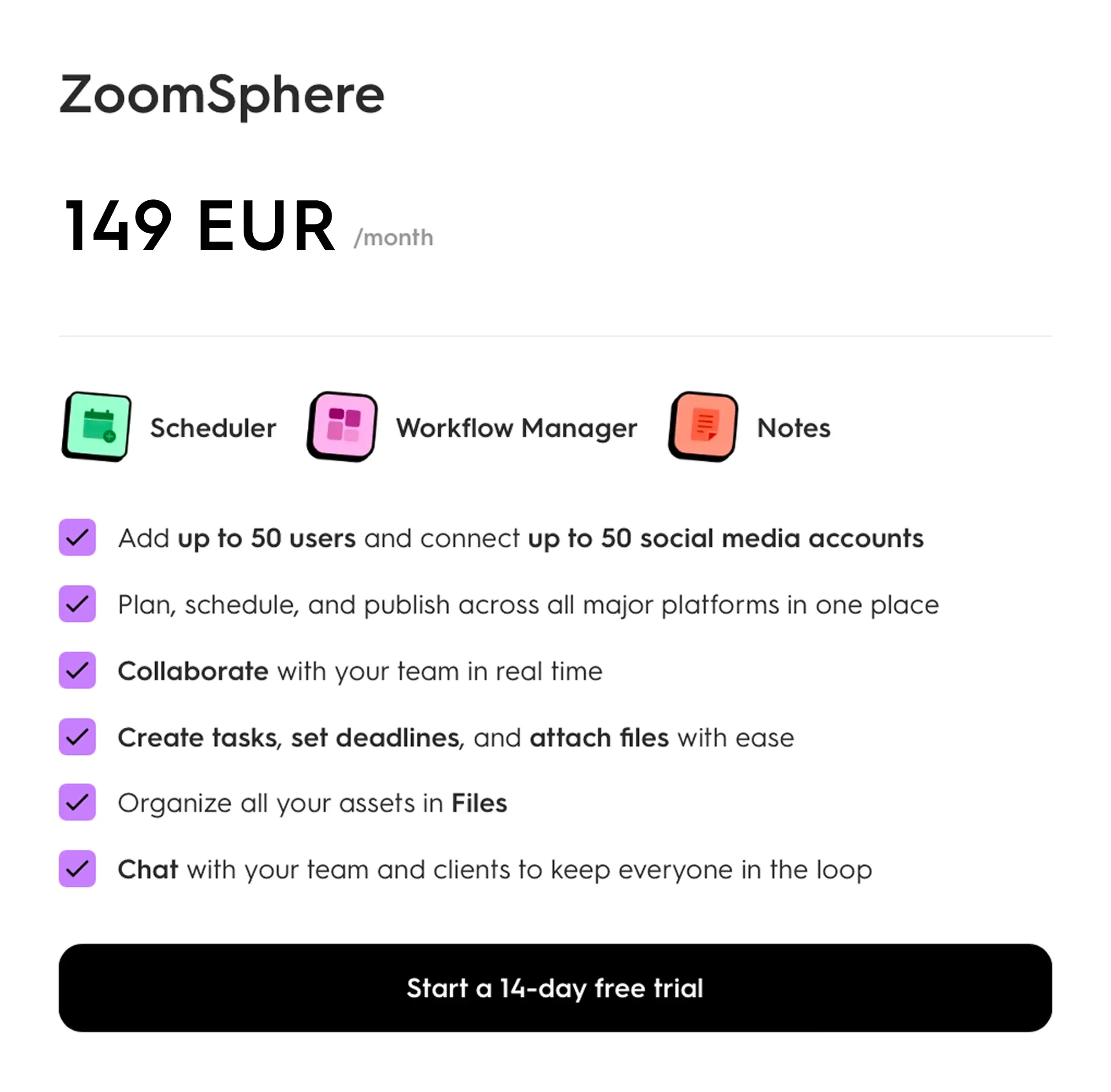ZoomSphere flat-rate pricing plan.