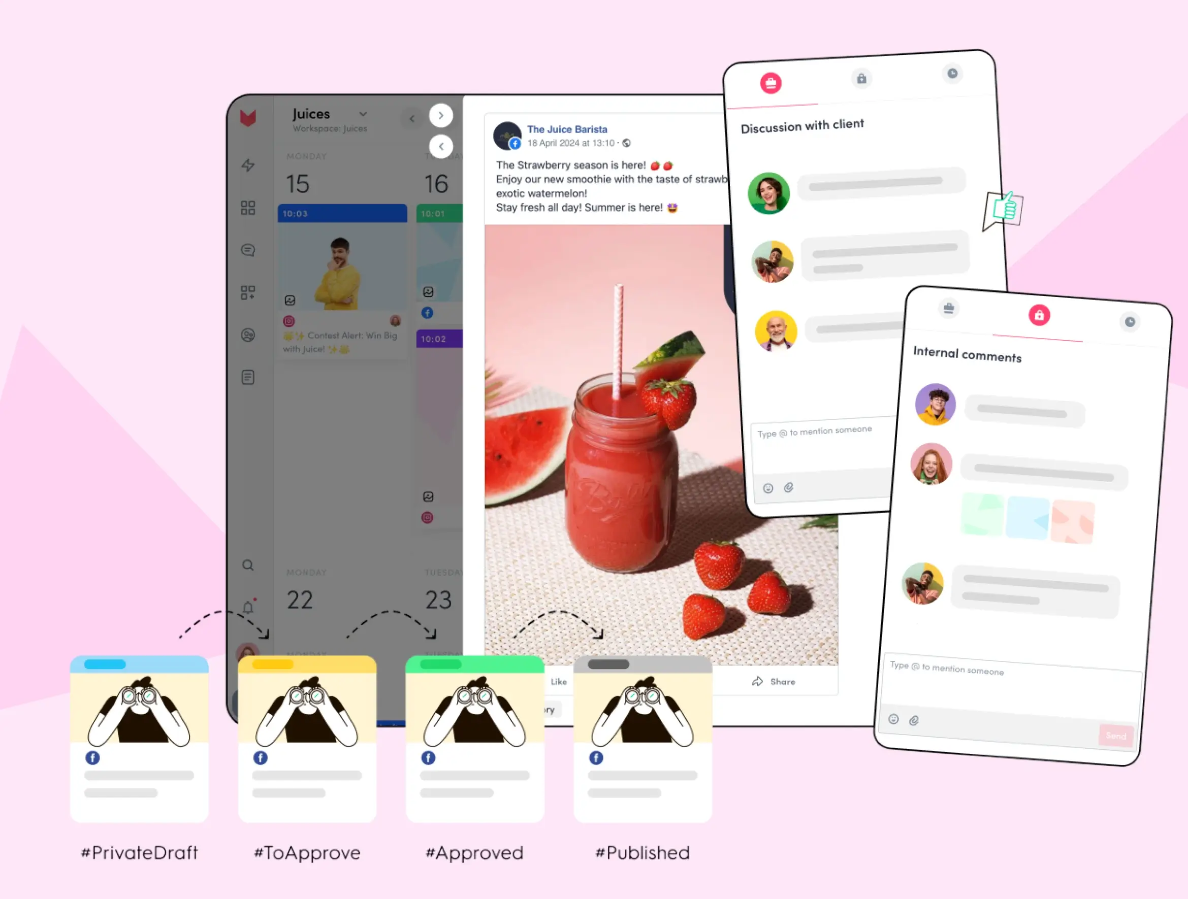 ZoomSphere Approval Workflow pipeline showing content posts moving through named stages for Gen Z and senior social media manager teams, replacing email sign-off chains with visible, always-current workflow status across multiple client accounts.