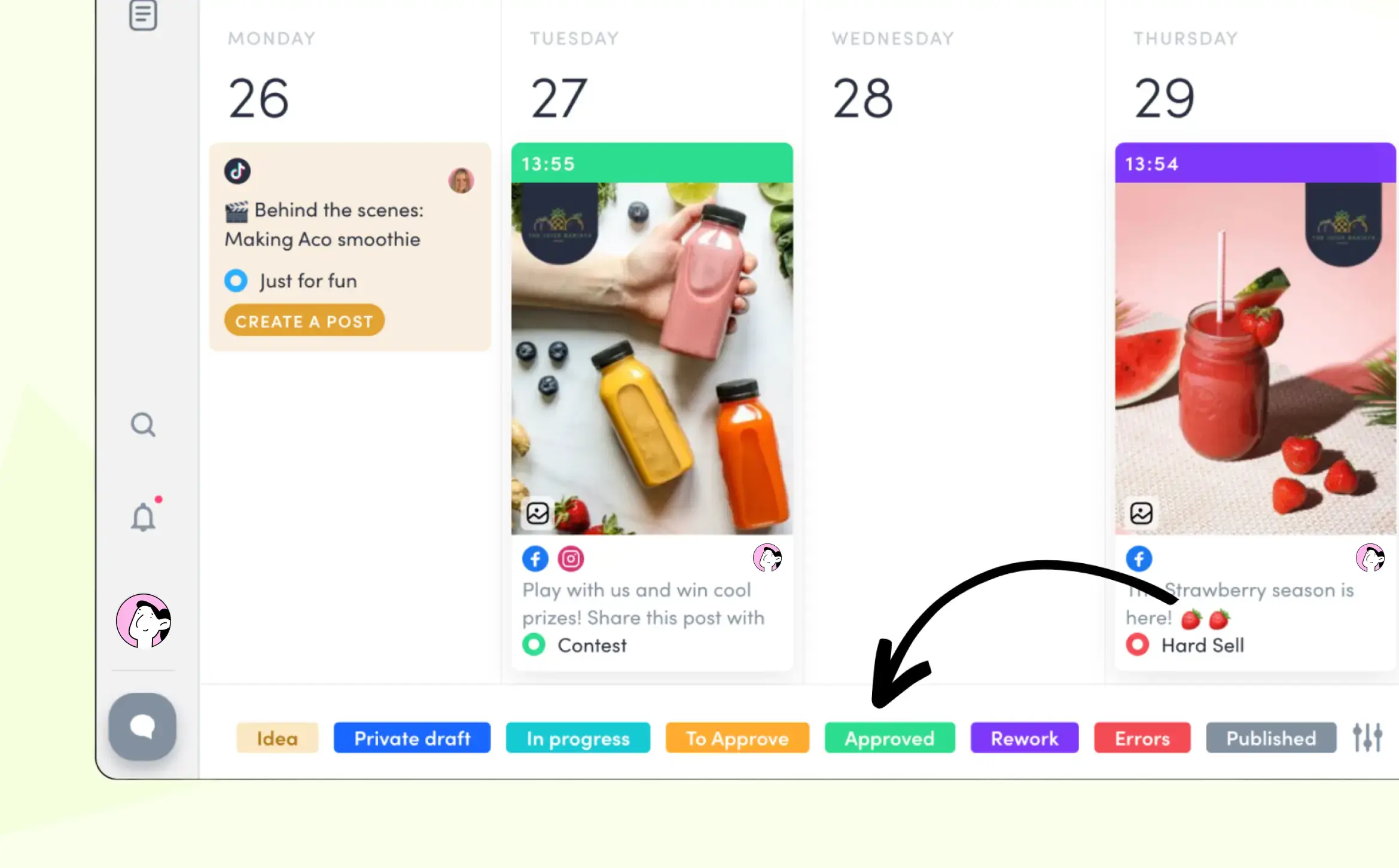 ZoomSphere content approval workflow showing post statuses from Idea through to Published, allowing teams to track exactly where each piece of content stands in the review process.