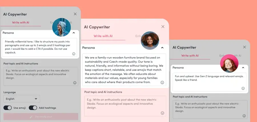 ZoomSphere persona setup screen for the Write with AI feature, showing brand tone and audience fields.