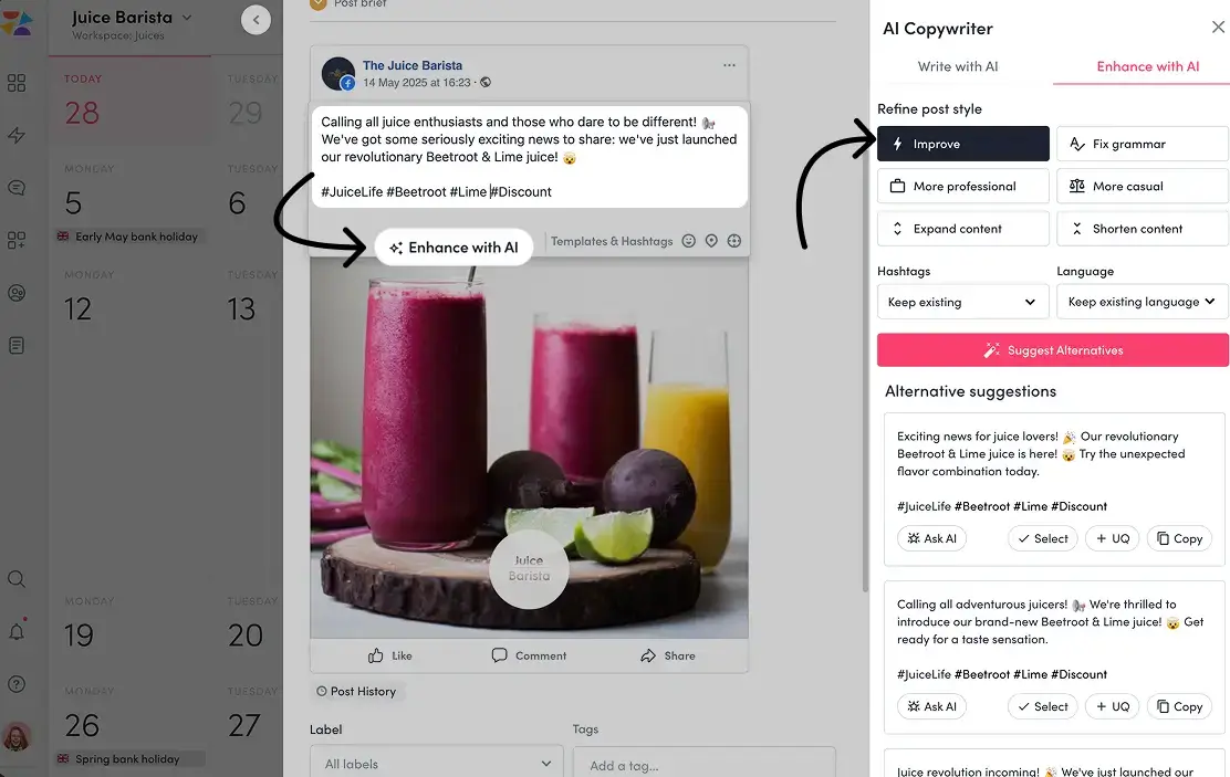 ZoomSphere Scheduler post editor showing three AI-generated caption variants for a client social media post.
