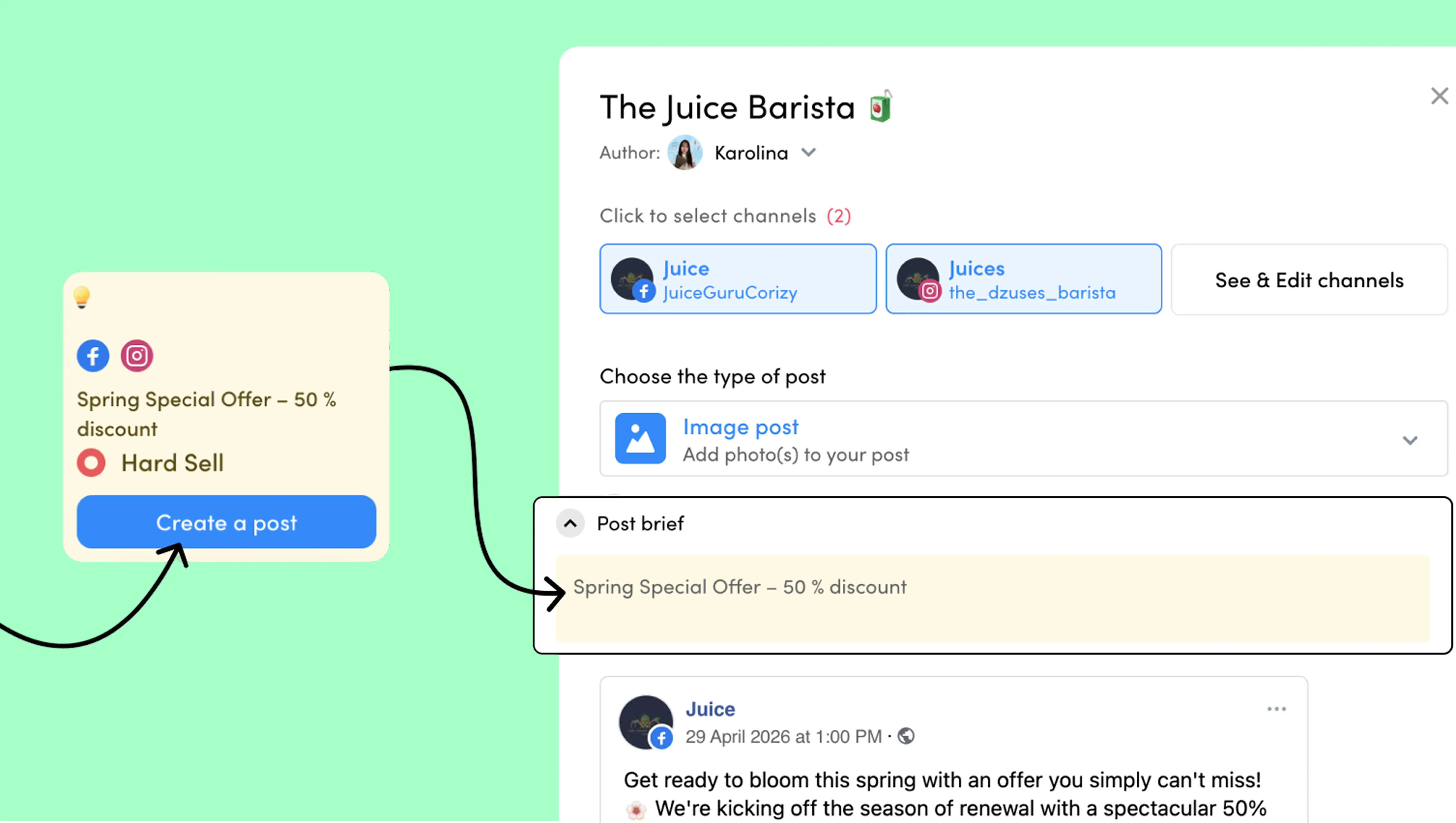 Screenshot of ZoomSphere's Scheduler showing an Idea Post being converted into a full post, with the original idea text carried over as the starting brief.