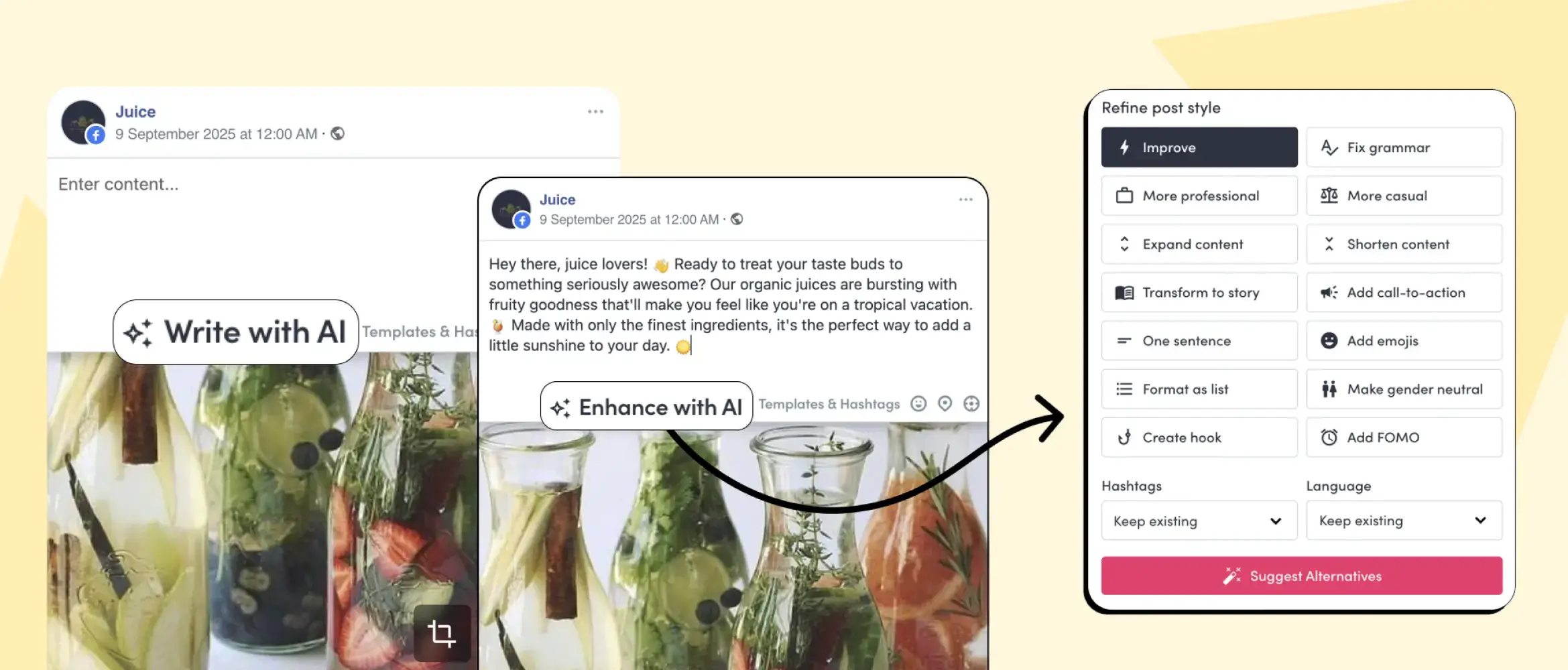 ZoomSphere's AI Copywriter panel generating and enhancing caption drafts directly inside the Scheduler.