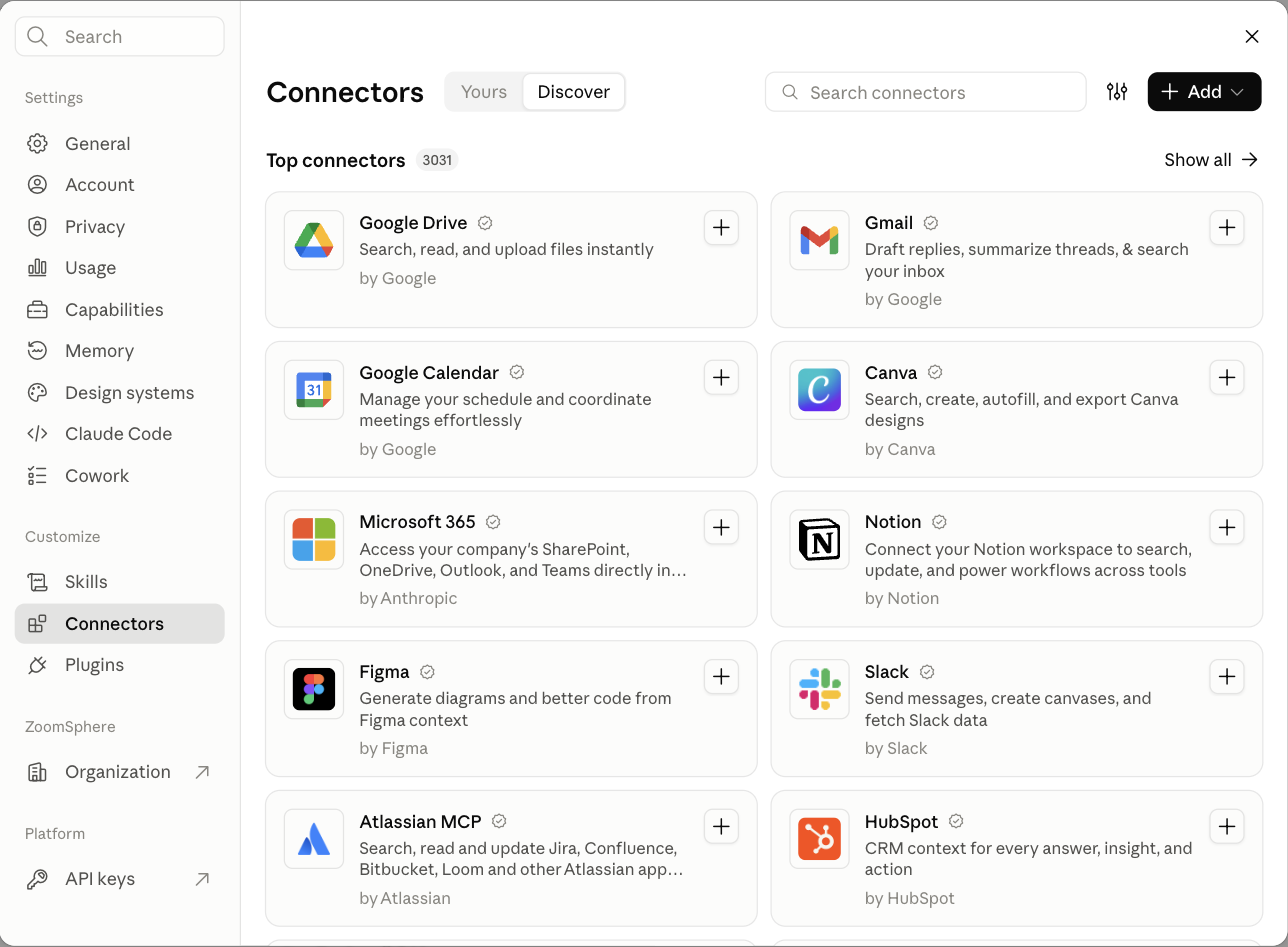 The connector directory in Claude. Most of the tools on this list are one click away; ZoomSphere is added as a custom connector.