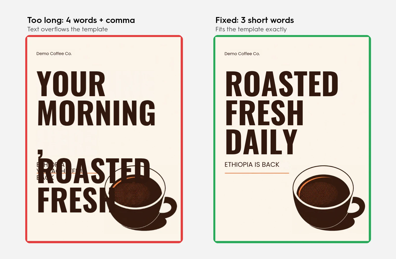 Two versions of the same Canva post: a headline that is too long and overflows the template, and a shorter headline that fits