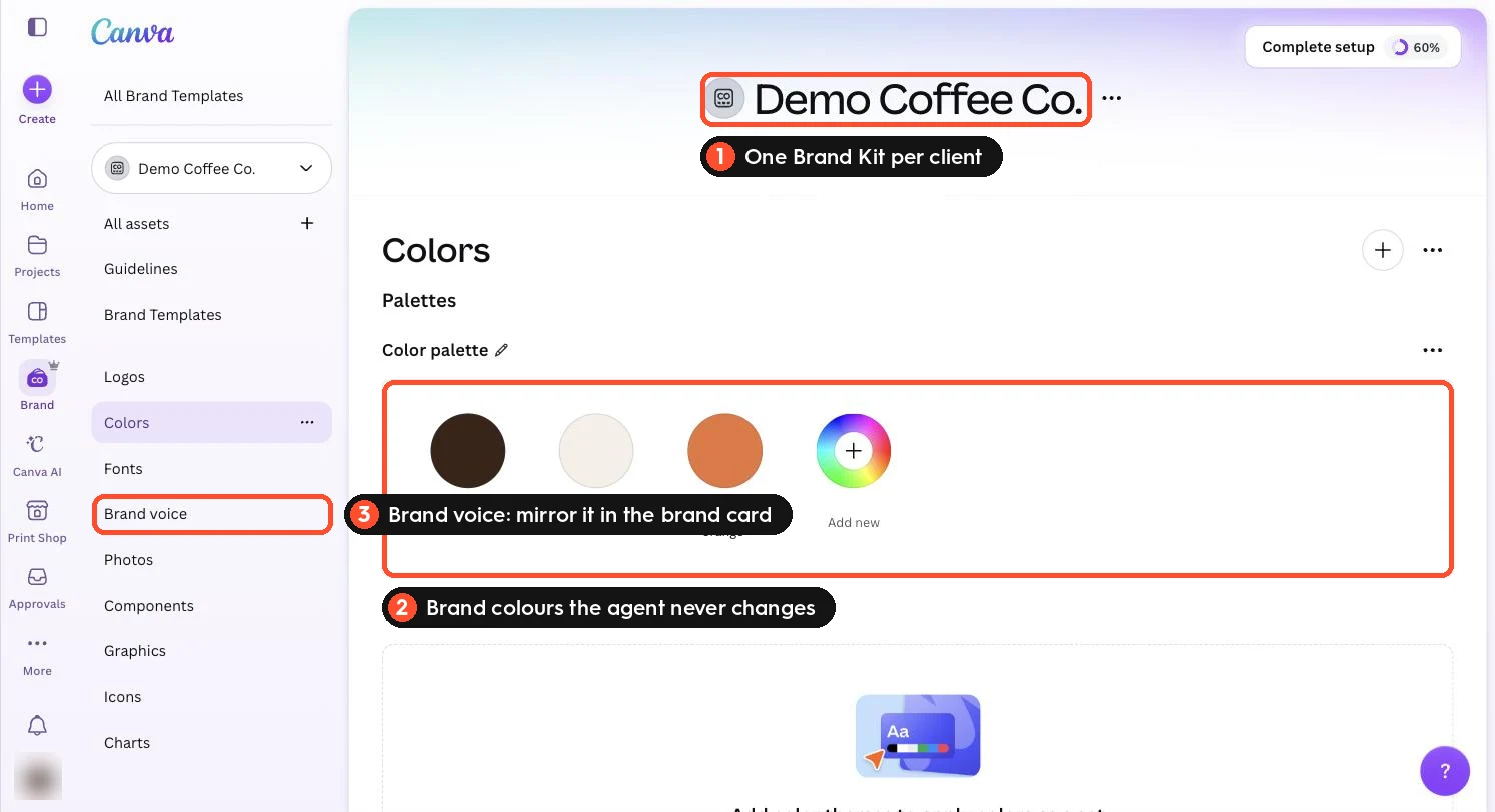 Canva Brand Kit for the client Demo Coffee Co. with a named colour palette and the Brand voice section highlighted