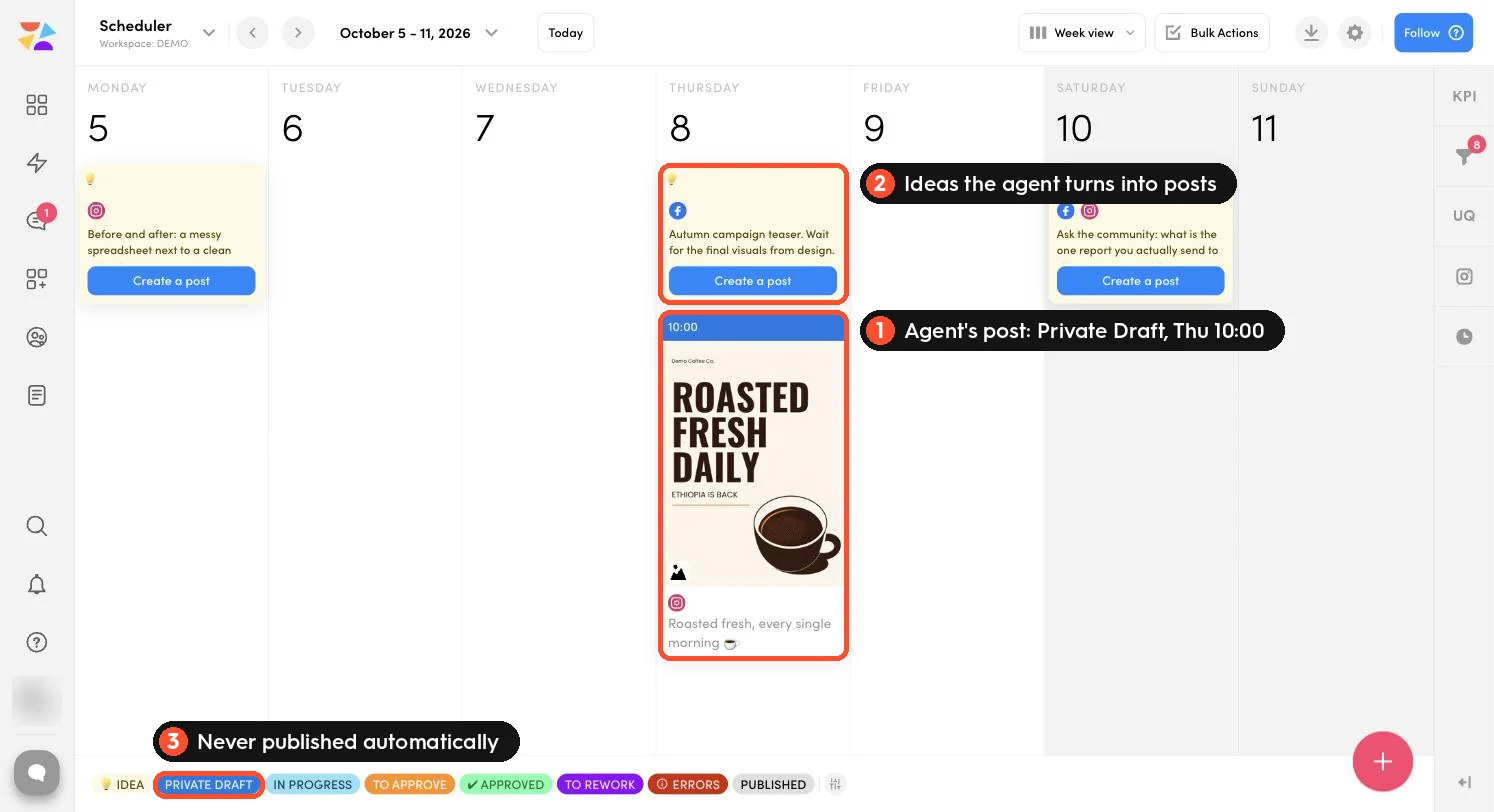 ZoomSphere week calendar with the agent's Canva post as a Private Draft on Thursday at 10:00 and Ideas on other days
