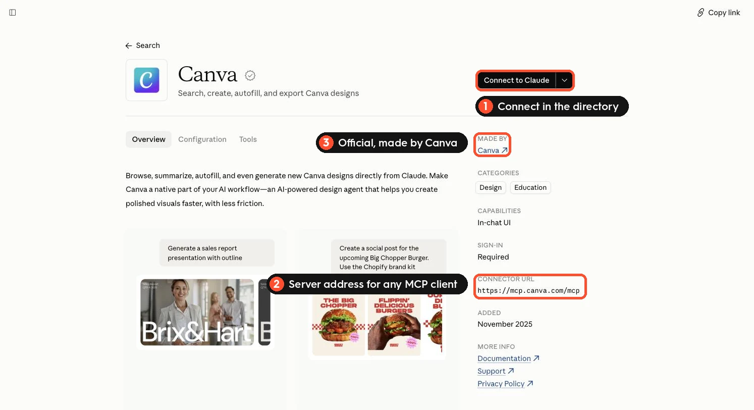 The official Canva connector page in Claude's connector directory with the Connect button and the connector server address highlighted