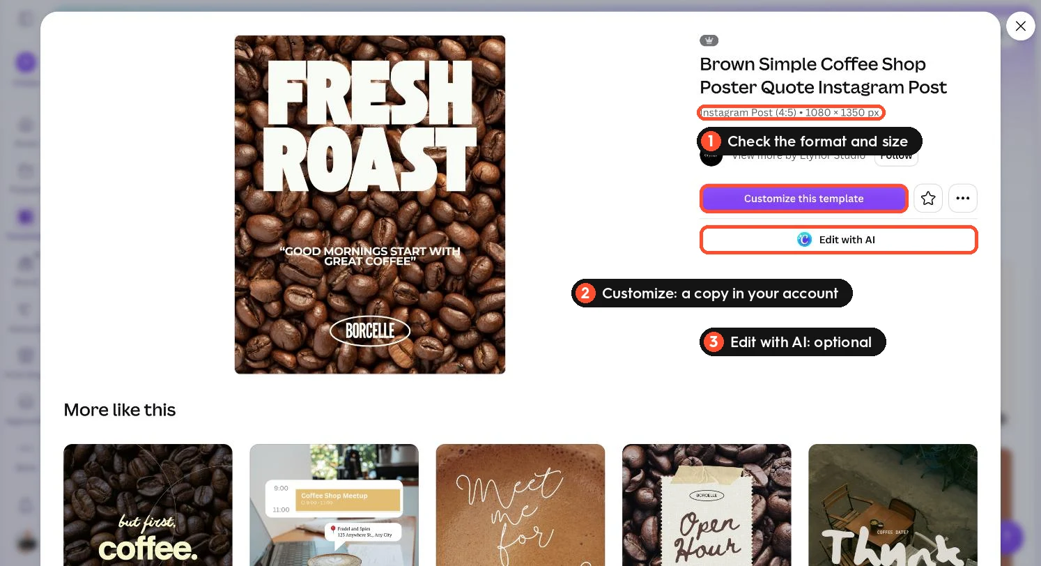 A template in Canva's Templates library with its format, the Customize this template button and the Edit with AI button highlighted