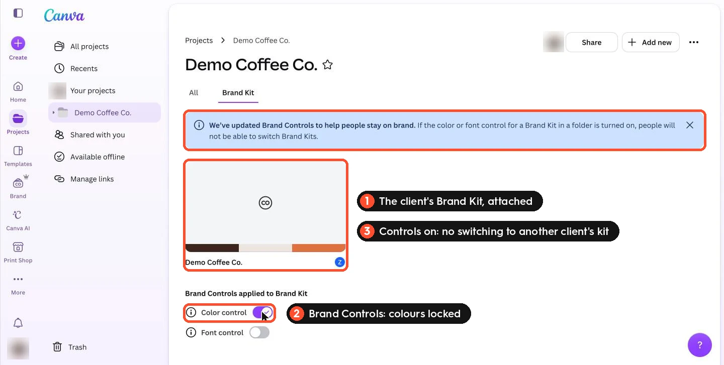 The Brand Kit tab of a Canva client folder with the attached Brand Kit, Color control switched on and Canva's notice that Brand Kits cannot be switched