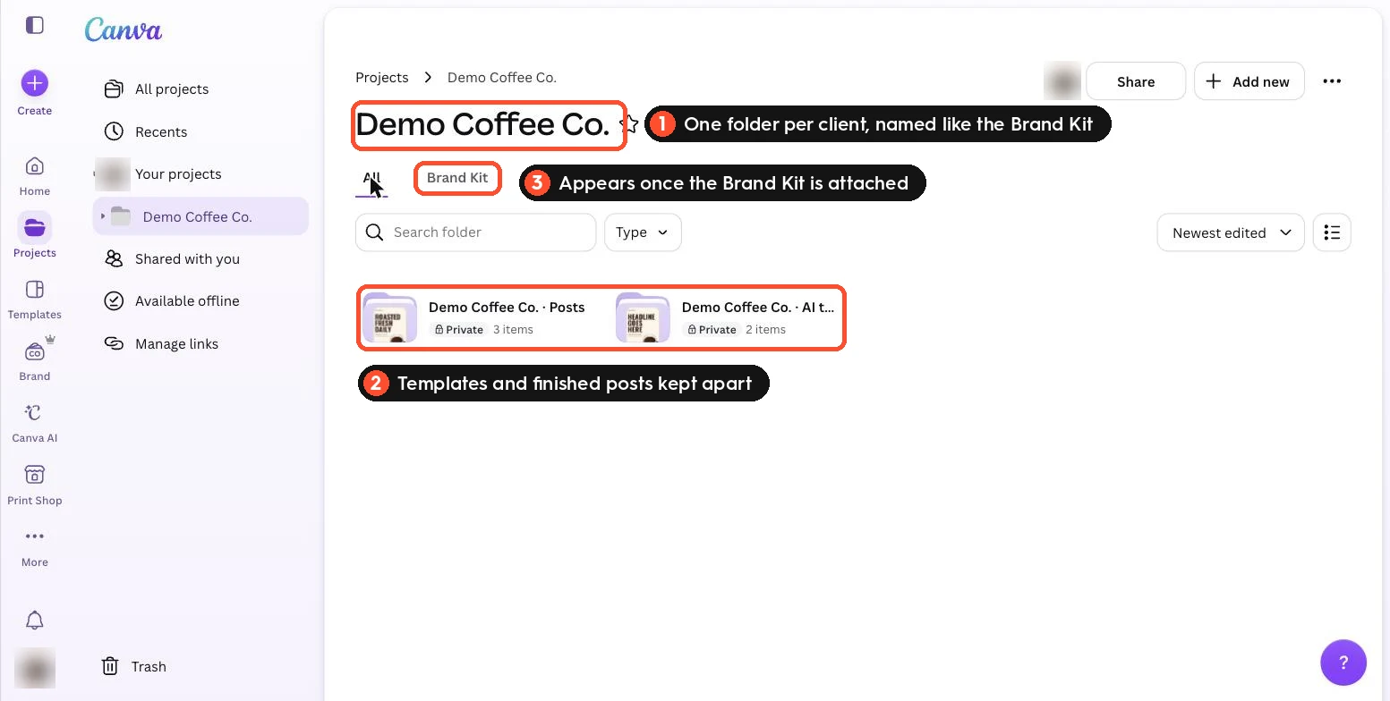 A Canva folder for the client Demo Coffee Co. with two subfolders for AI templates and posts and a Brand Kit tab