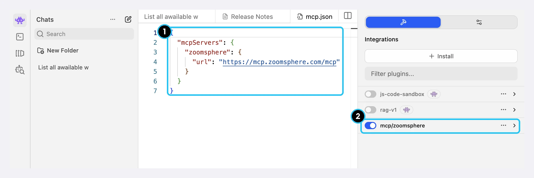 LM Studio with the ZoomSphere MCP server added in mcp.json and the ZoomSphere integration switched on