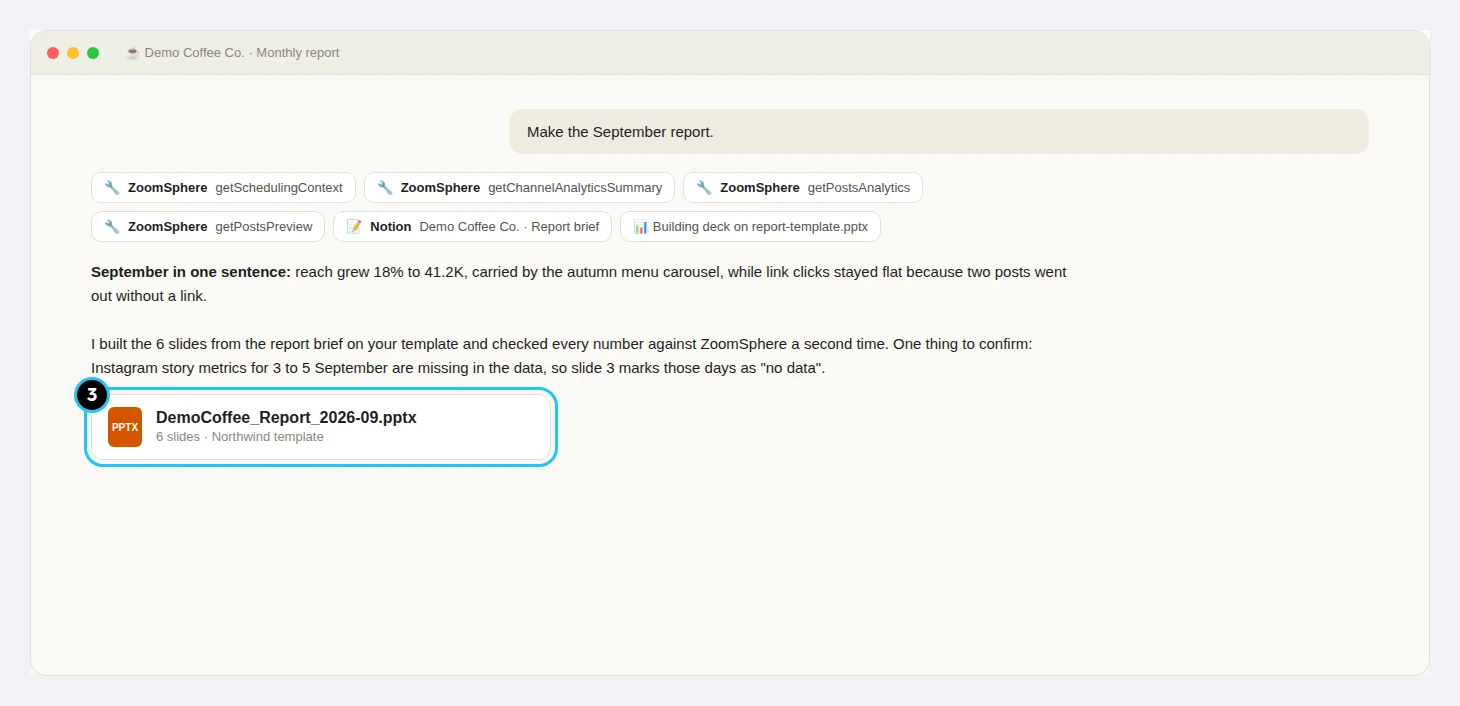 Claude chat in the client project: the user asks for the September report, Claude reads ZoomSphere analytics and the Notion report brief and returns a PowerPoint file