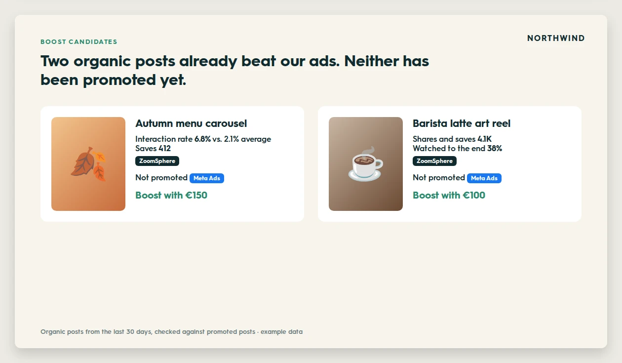 Report slide: two organic posts with high interaction rate and saves from ZoomSphere, not yet promoted in Meta Ads, with a suggested boost budget for each