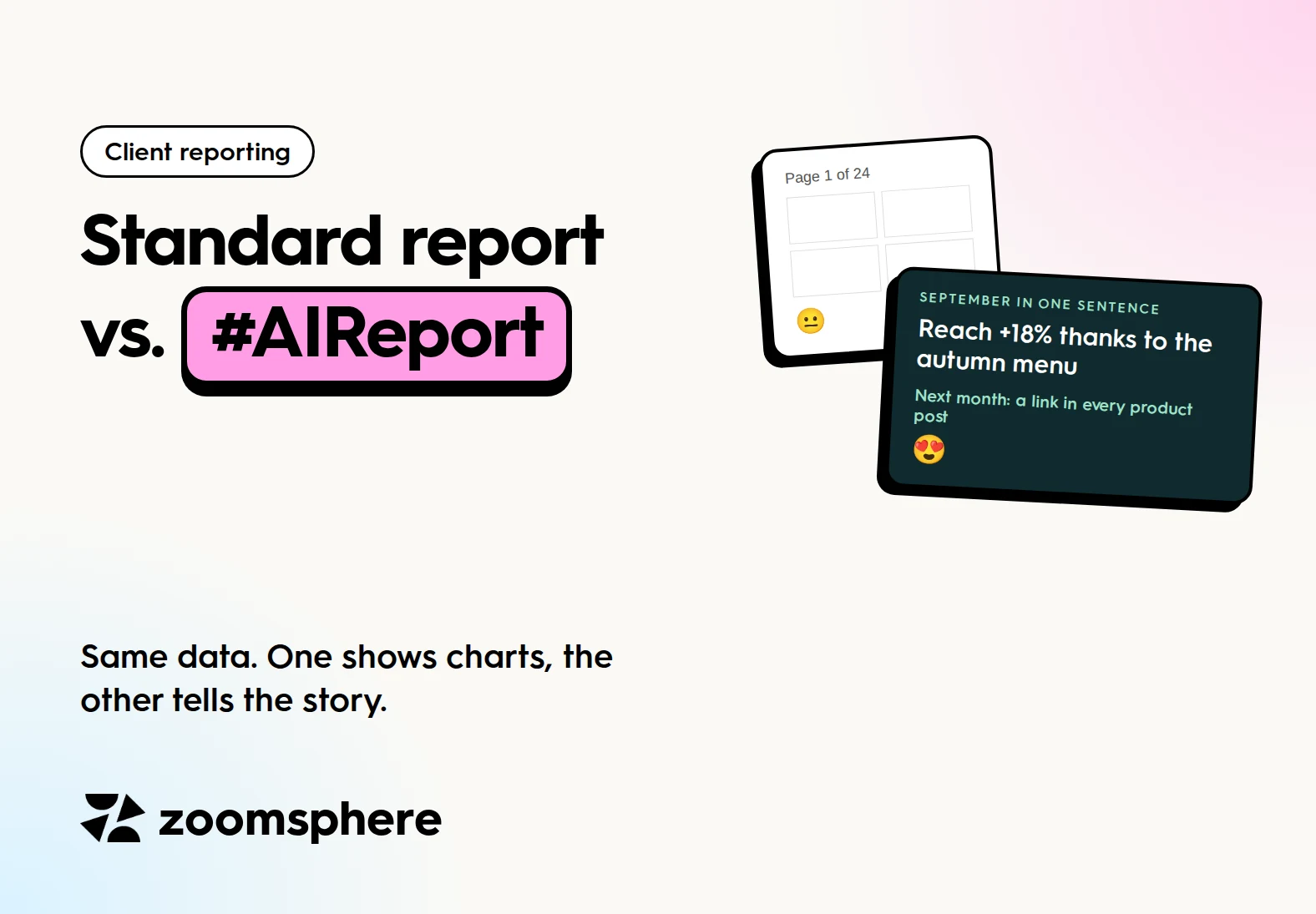 Standard report versus AI report: same data, one shows charts, the other tells the story
