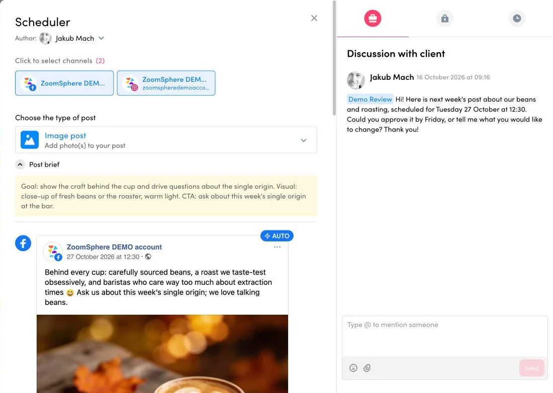 ZoomSphere post detail with a public comment written through the MCP, mentioning the client and asking for approval, next to the post brief