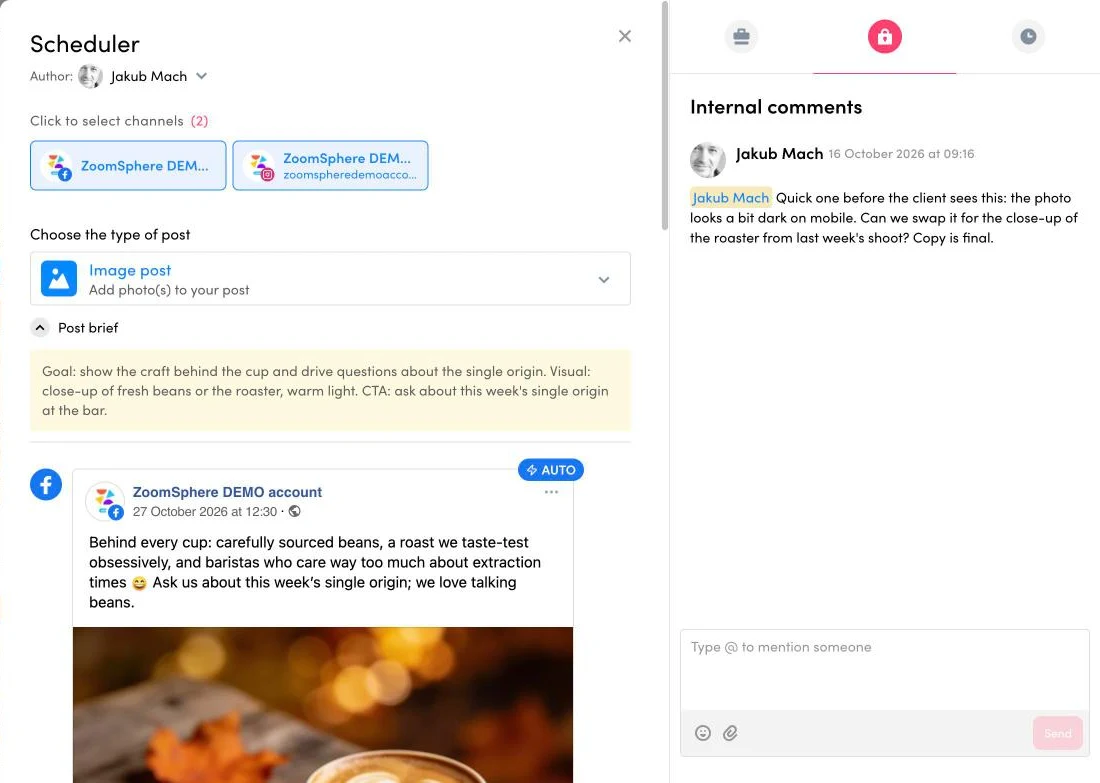 ZoomSphere internal comments tab with a team-only comment written through the MCP asking a colleague to swap the photo
