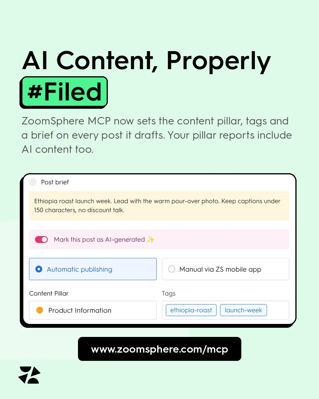 ZoomSphere post editor with a post brief, the AI-generated label, automatic publishing, the content pillar Product Information and two tags, all set through the MCP