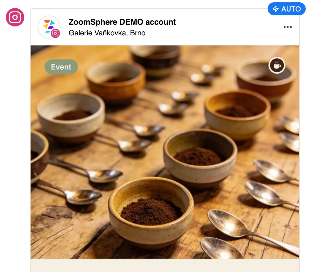 Instagram post preview in ZoomSphere with the location Galerie Vaňkovka, Brno under the account name and a photo of coffee cupping bowls