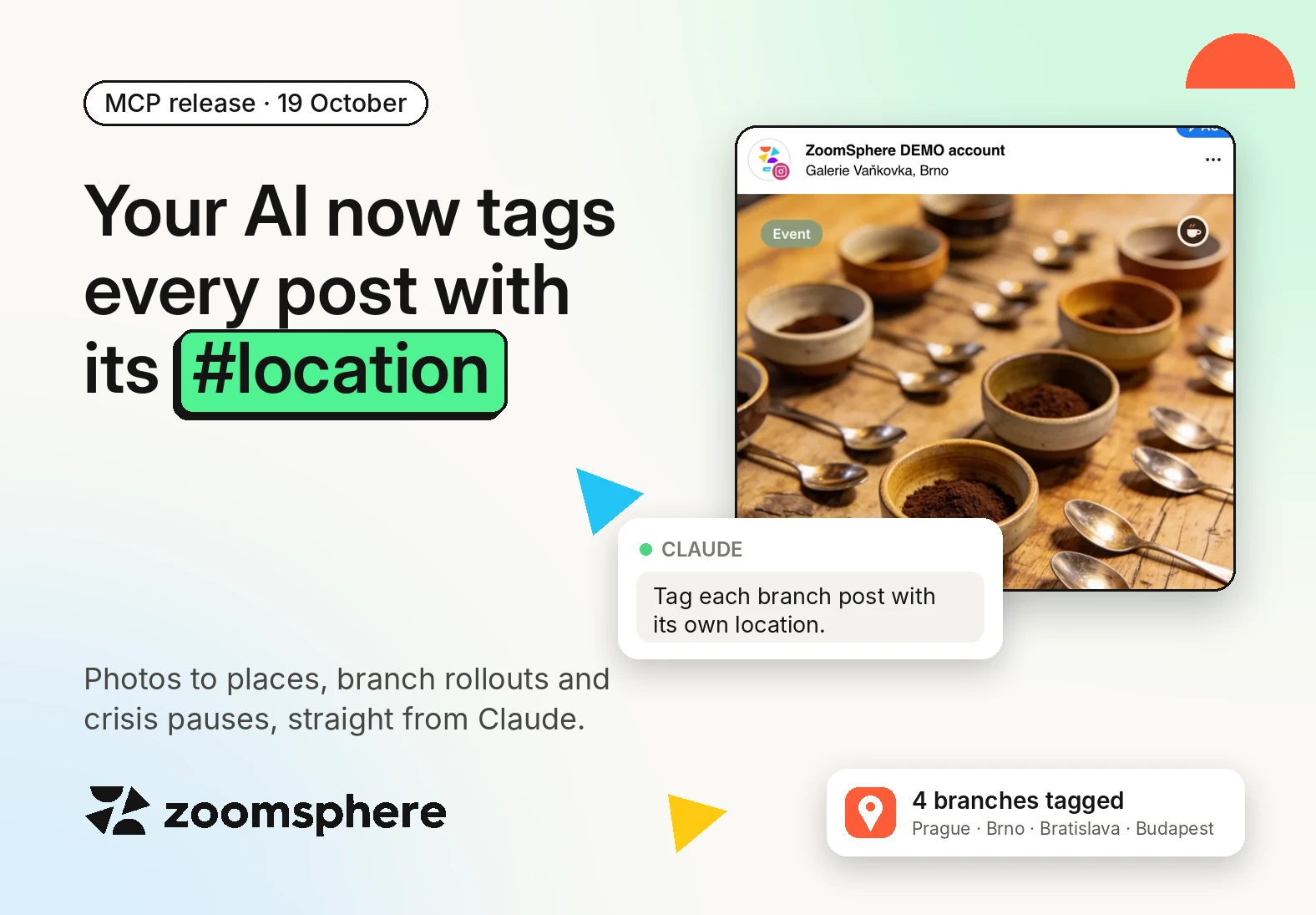 Cover: your AI now tags every post with its location, with an Instagram post tagged Galerie Vaňkovka, Brno and four branches tagged