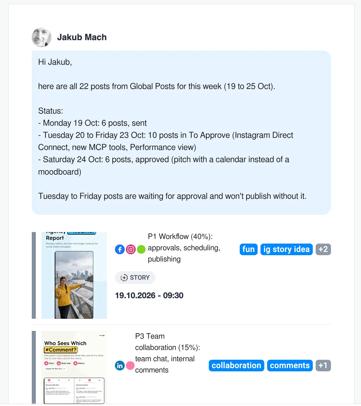 The email in the inbox: a summary written by the AI, followed by post cards with previews, networks, content pillars, tags and publish times