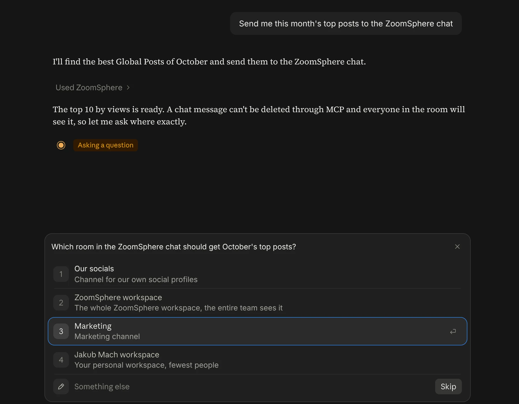 Claude asks which ZoomSphere Chat room should receive the top posts of the month, with four rooms to choose from