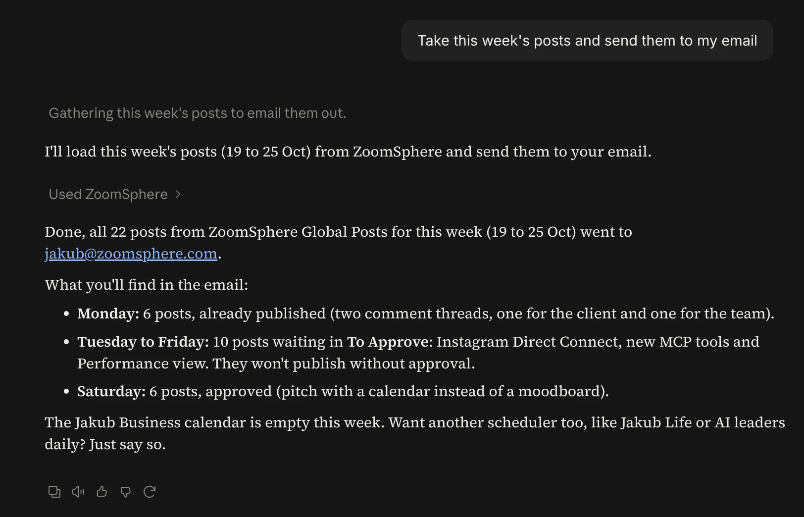 Claude chat: the prompt to send this week's posts by email and the answer confirming 22 posts were sent