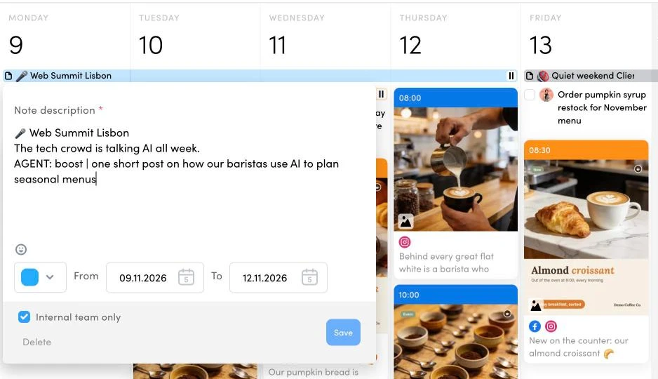 An open Quick Note in the ZoomSphere calendar: the text reads Web Summit Lisbon, a line of context and AGENT: boost with an instruction, dated 9 to 12 November in blue, with Internal team only checked