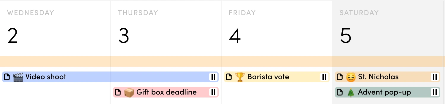 Close-up of the ZoomSphere calendar for Demo Coffee Co., 2 to 5 December: a gingerbread promo week across all days, a two-day video shoot, a gift box deadline, a barista vote, and St. Nicholas and an Advent pop-up stand on the same Saturday
