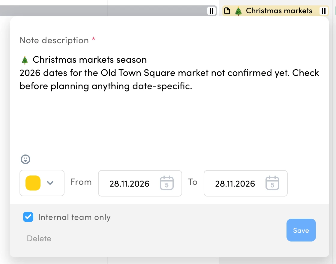 An open Quick Note in ZoomSphere for Christmas markets season, saying the 2026 dates for the Old Town Square market are not confirmed yet, in yellow, internal team only