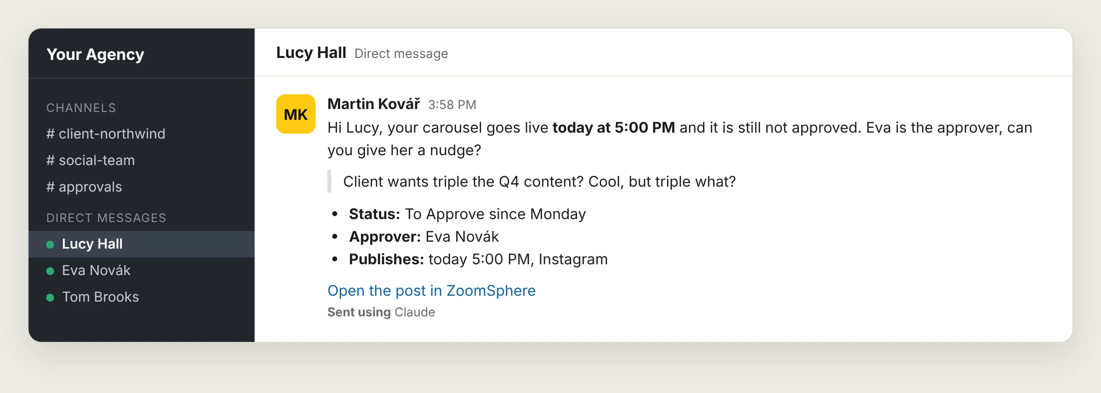 Slack direct message from Martin to Lucy: her carousel goes live at 5 PM and is still waiting for Eva's approval