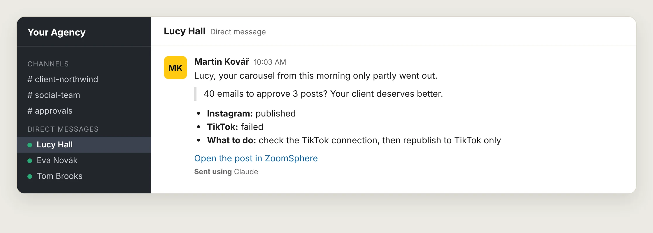Slack direct message from Martin to Lucy: her carousel published on Instagram but failed on TikTok