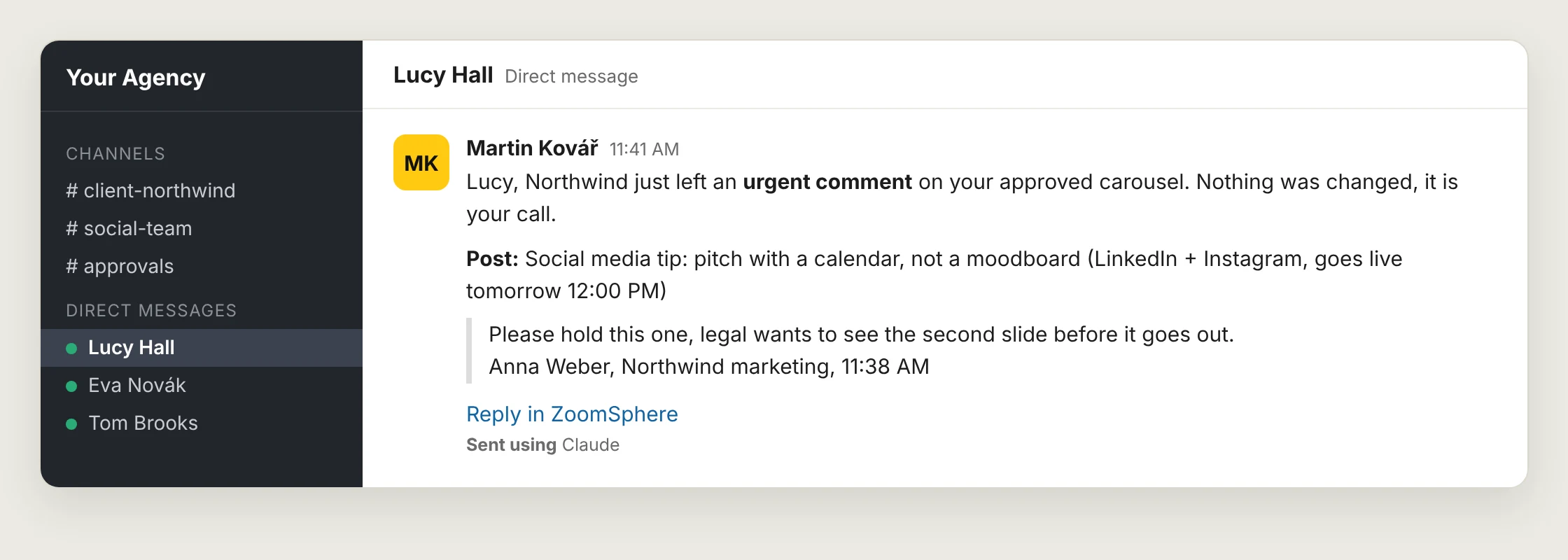 Slack direct message from Martin to Lucy: the client asks to hold an approved post until legal checks it