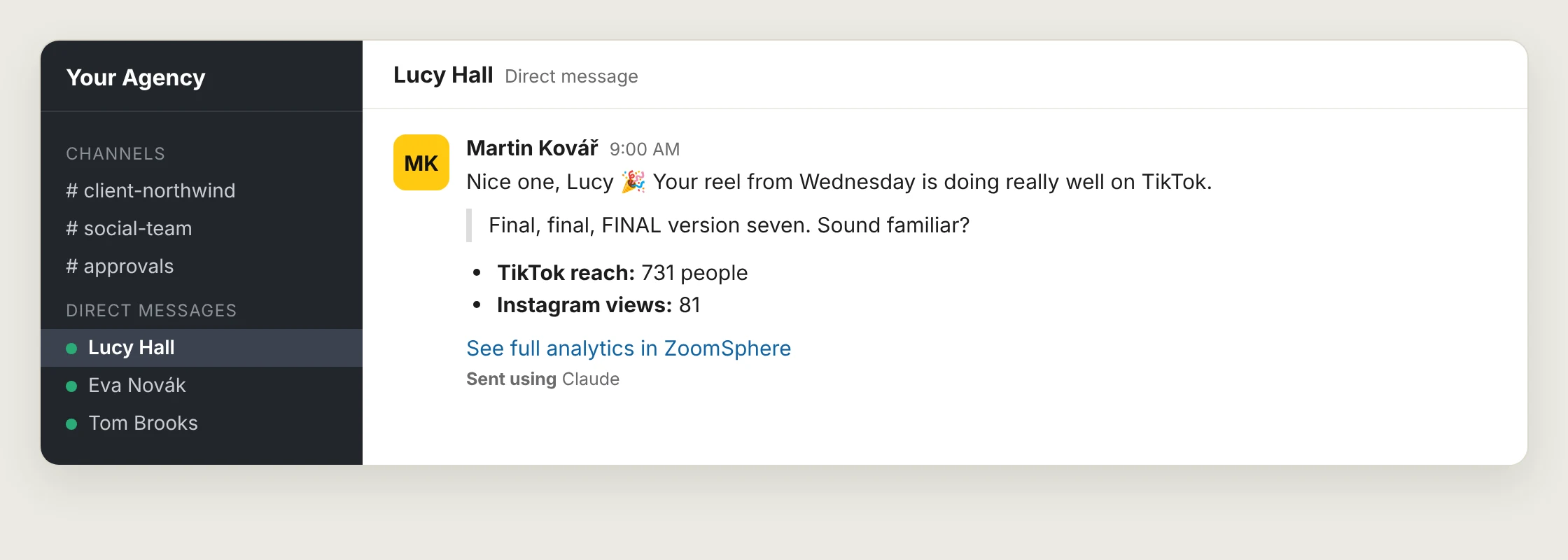 Slack direct message from Martin to Lucy: her reel reached 731 people on TikTok