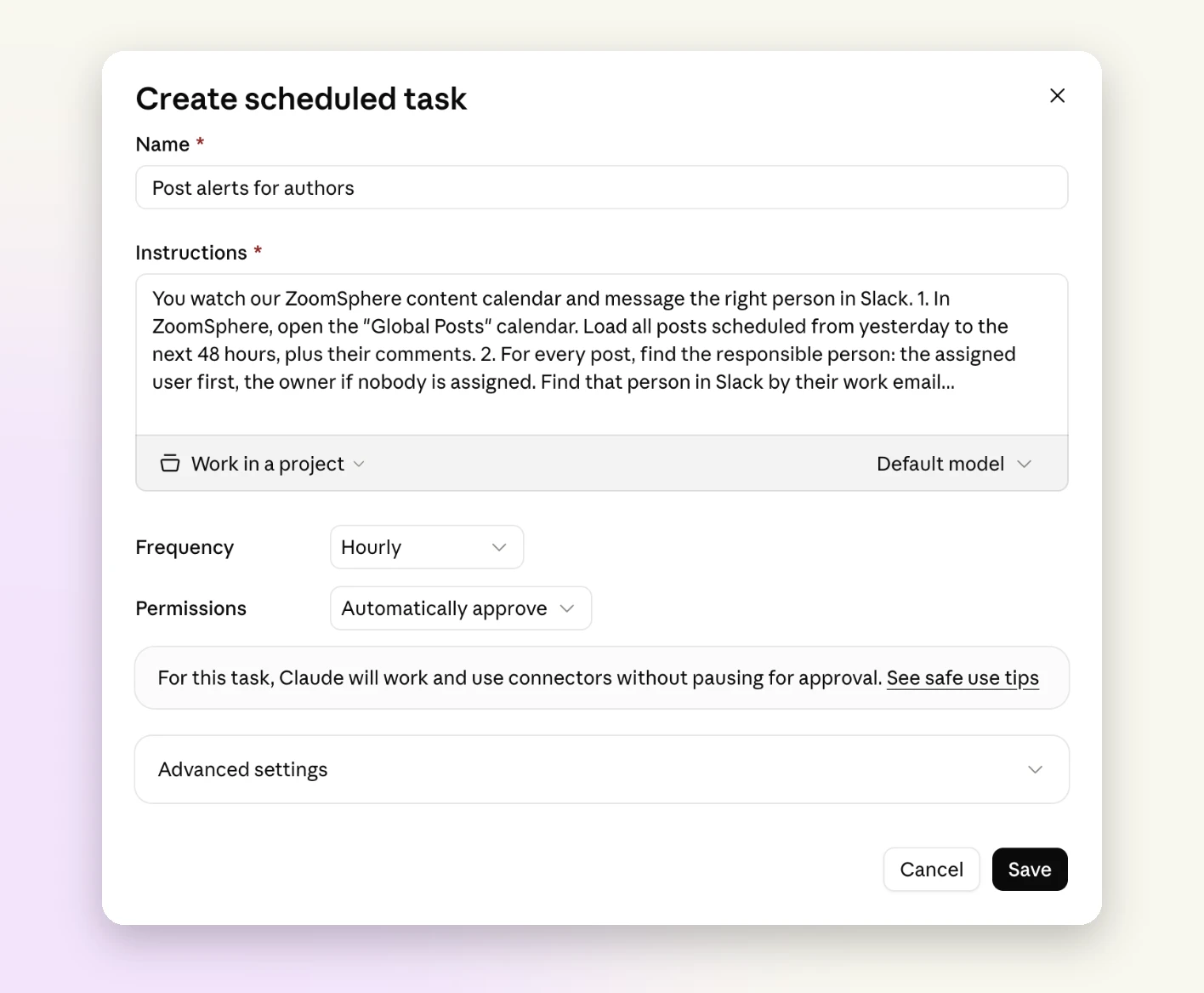 Create scheduled task form in Claude with the name Post alerts for authors, the instruction text, frequency set to Hourly and permissions set to automatically approve