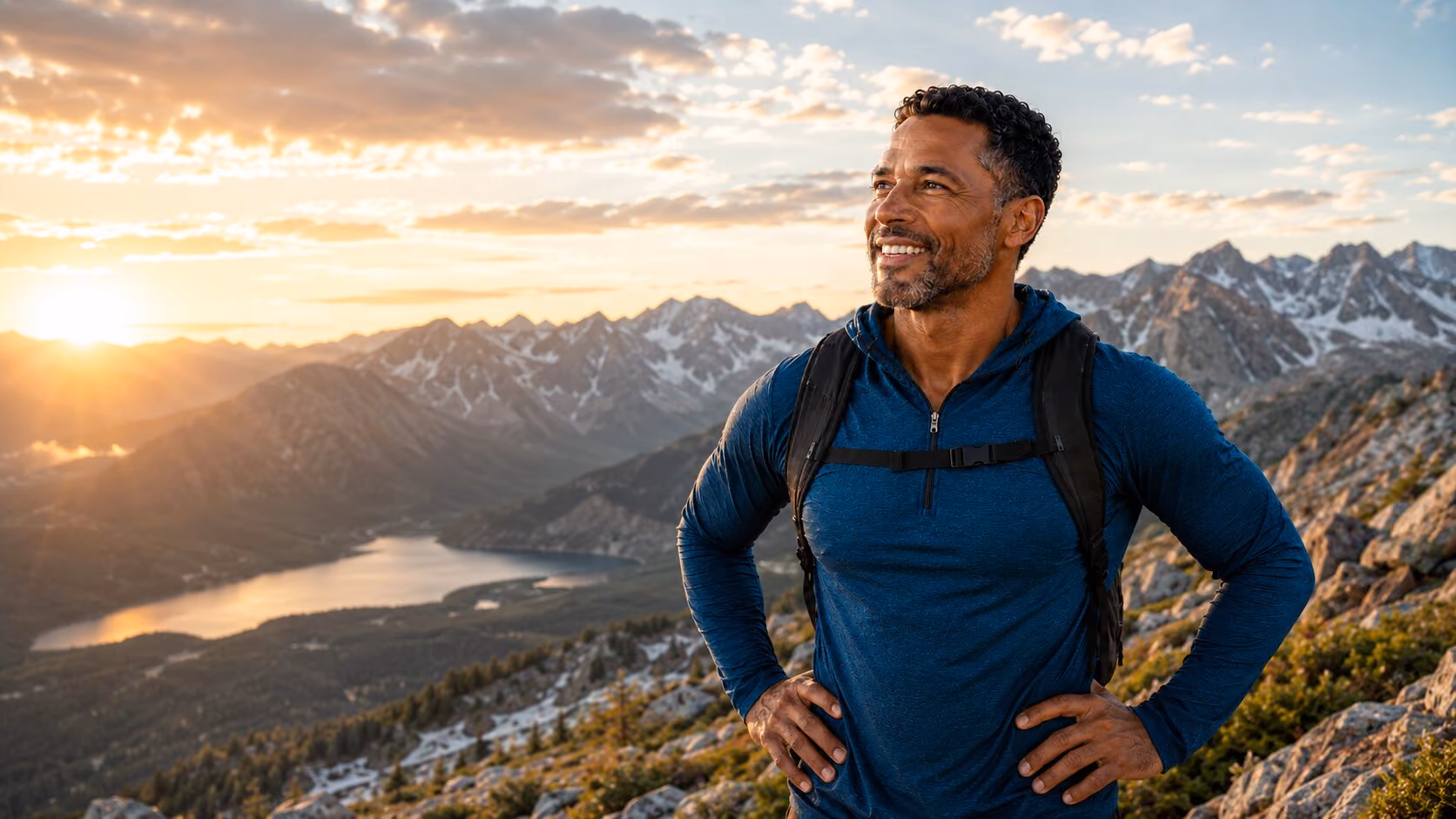 Healthy black man hiking mountain